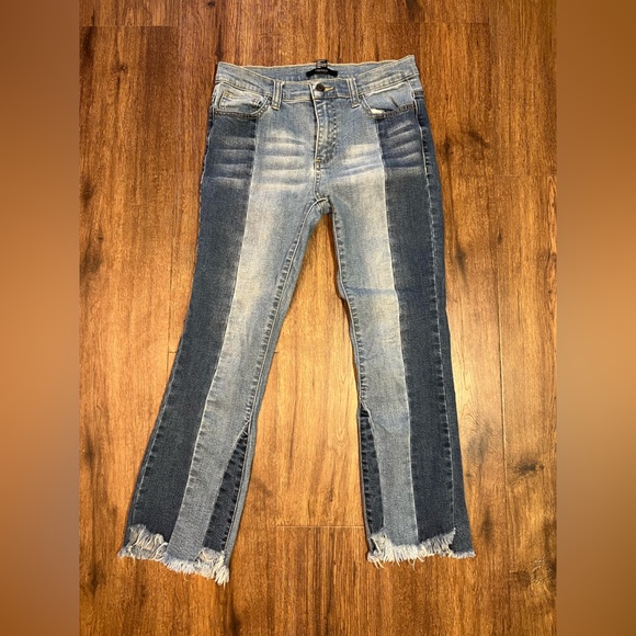 Patchwork denim jeans with distressing & flare at bottom - Picture 1 of 2